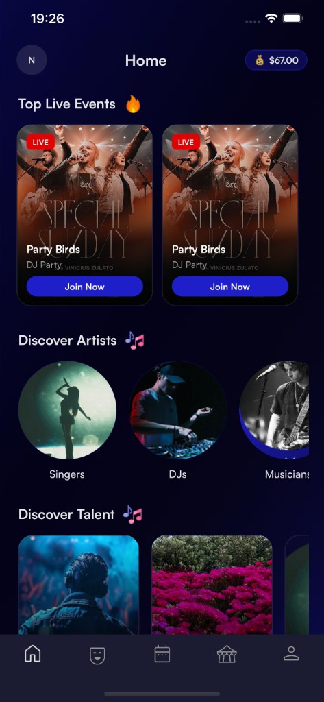 Sonavir app — Home screen with Top Live Events, Discover Artists, Discover Talent